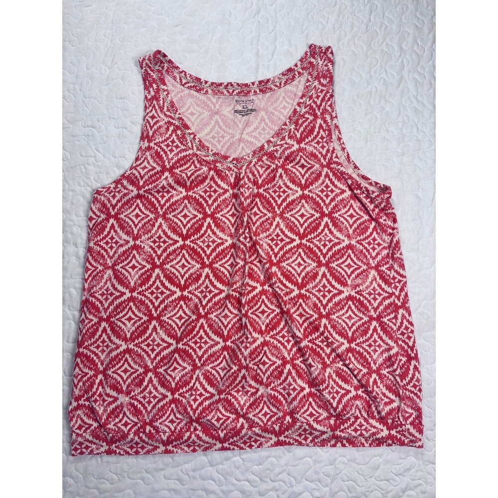 Sonoma Red White Geometric Diamond Vneck Flowy Sleeveless Tank Blouse size xl
